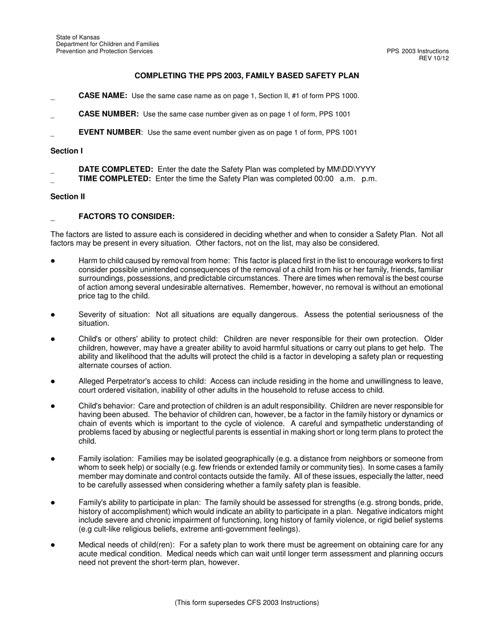 Instructions for Form PPS2003 Family Based Safety Plan - Kansas, Page 1