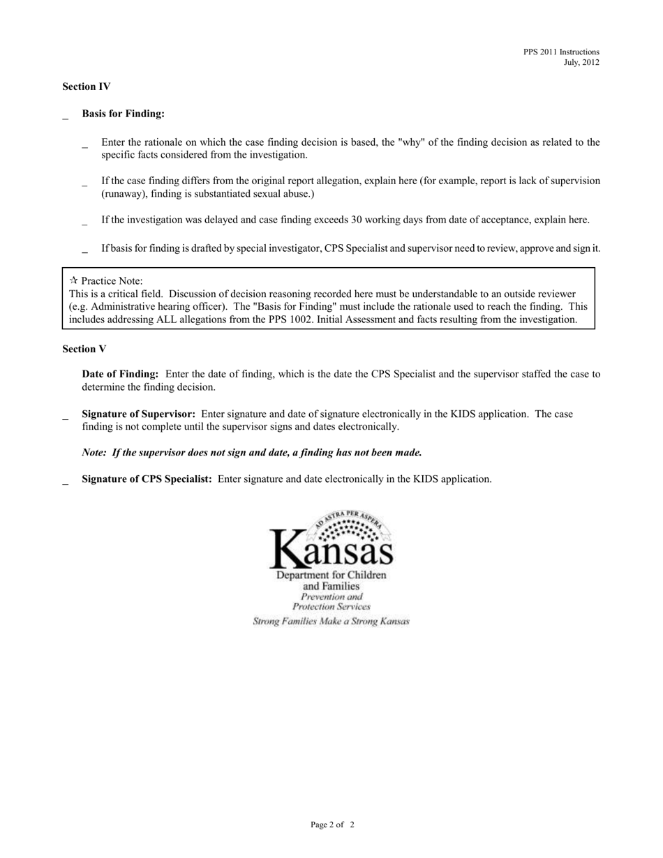 Instructions for Form PPS2011 Case Findings (Child Abuse and Neglect Report) - Kansas, Page 2