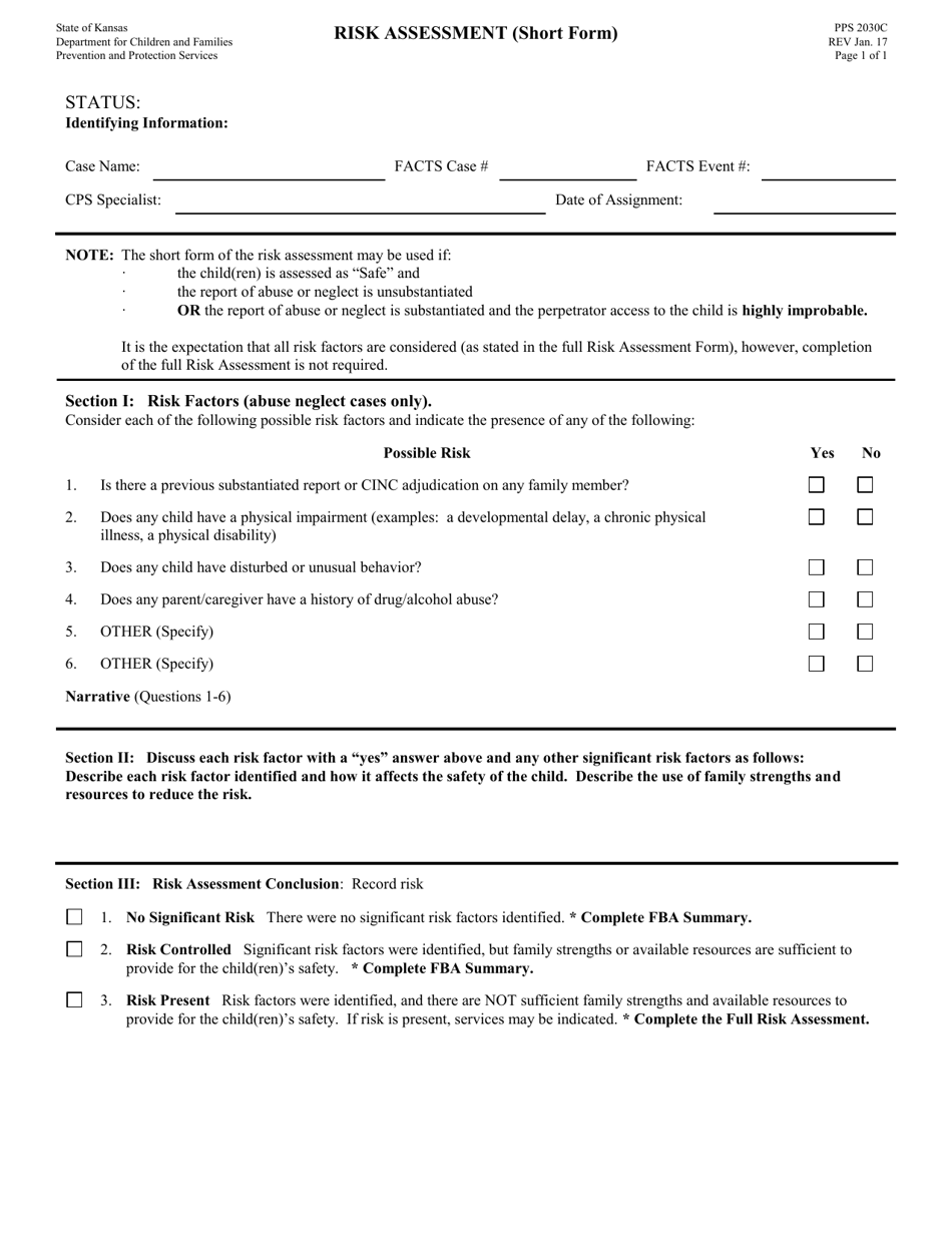 Form PPS2030C Risk Assessment (Short Form) - Kansas, Page 1