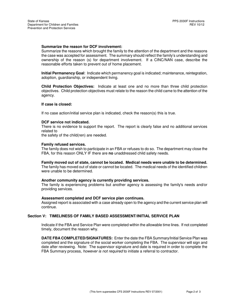 Instructions for Form PPS2030F Family Based Assessment Summary - Kansas, Page 2