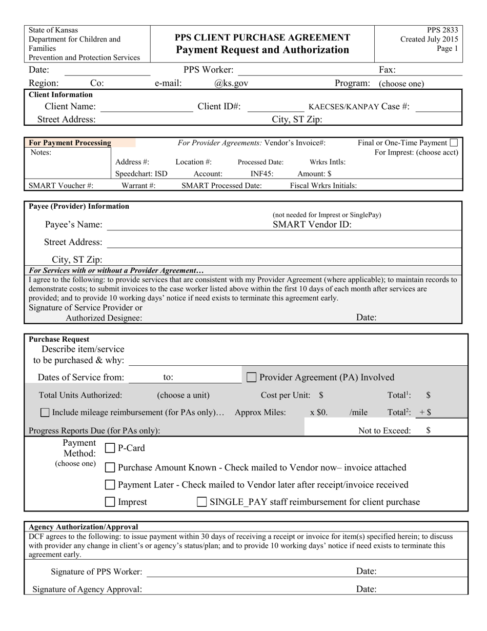 Form PPS2833 Pps Client Purchase Agreement Payment Request and Authorization - Kansas, Page 1