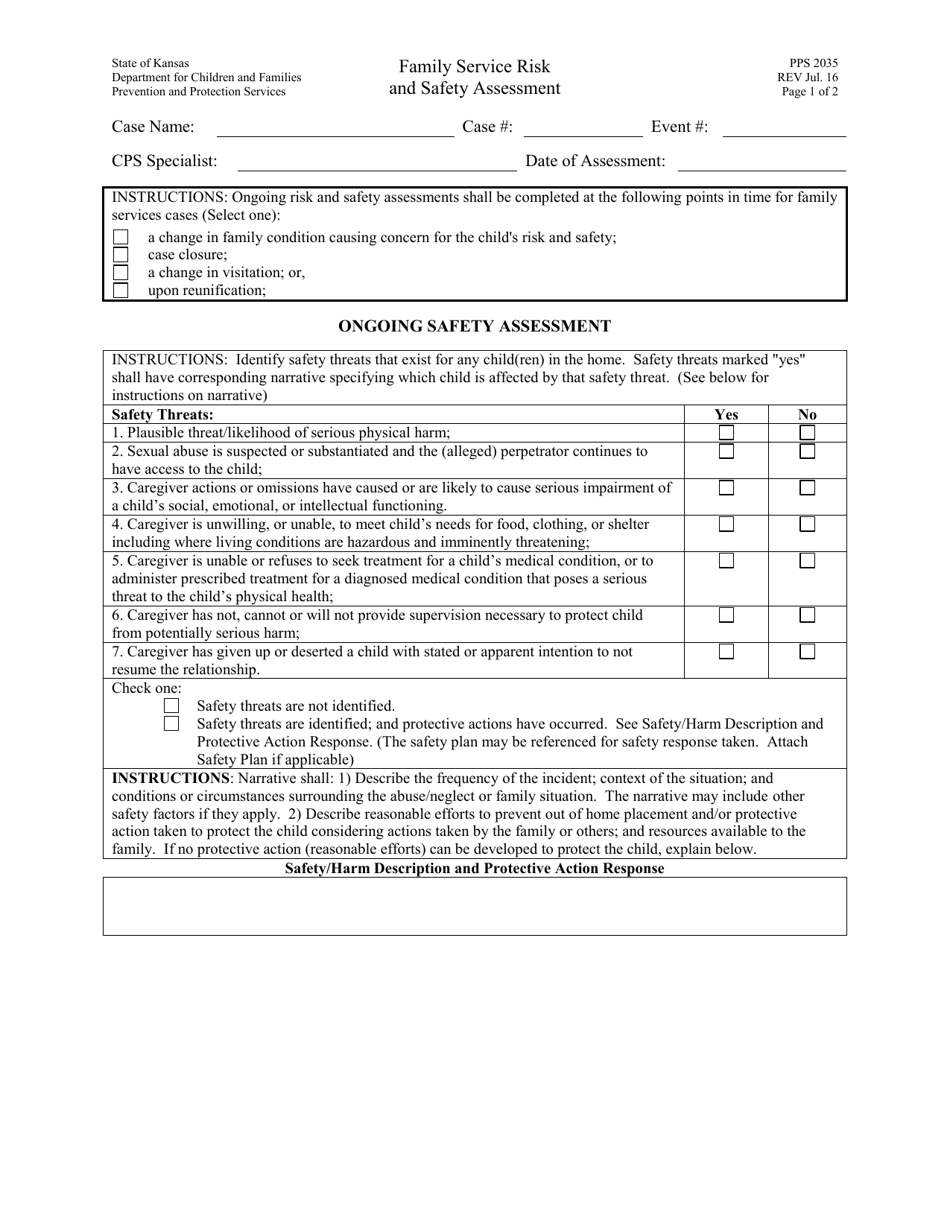 Form PPS2035 Family Service Risk  Safety Assessment - Kansas, Page 1