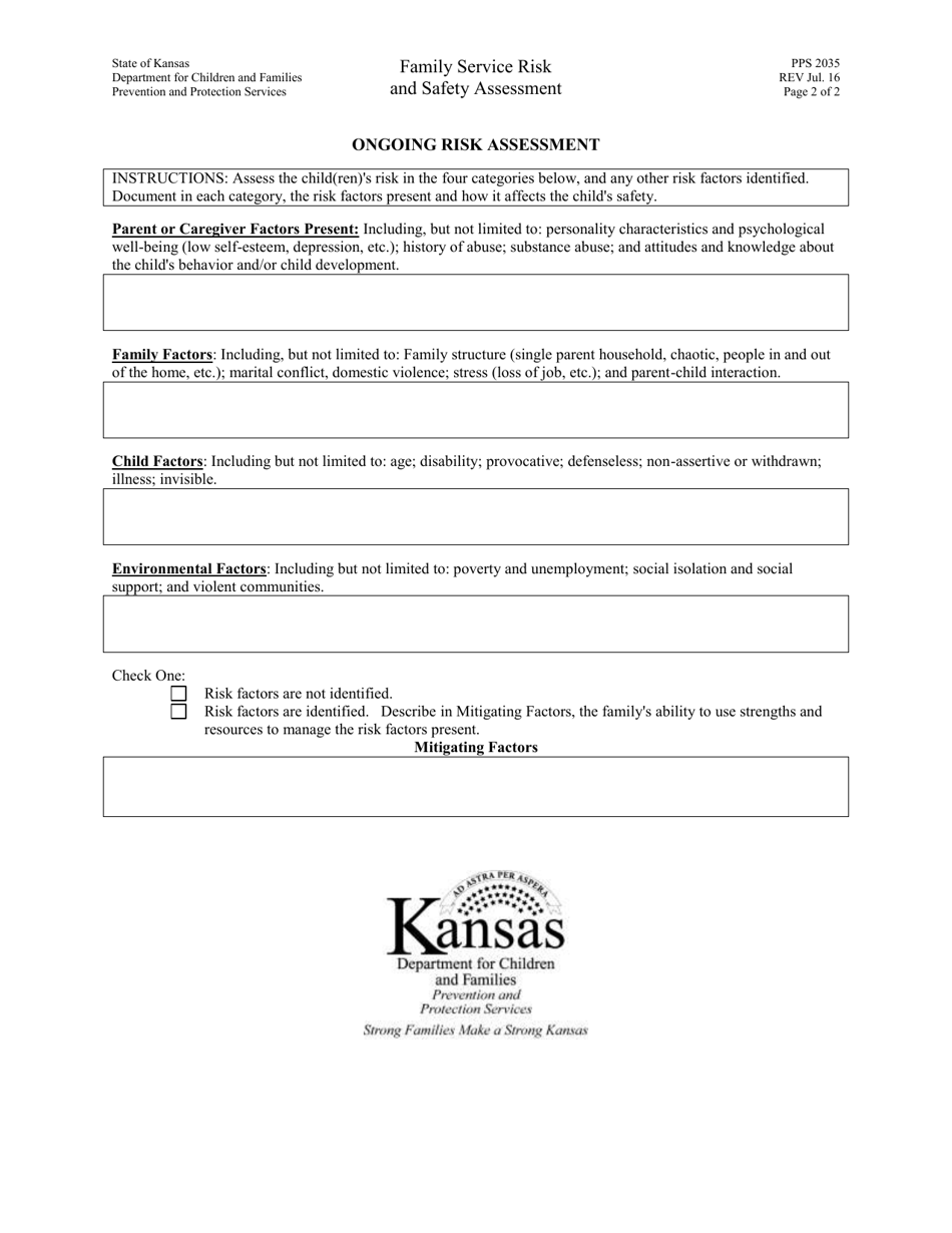 Form PPS2035 Family Service Risk  Safety Assessment - Kansas, Page 2