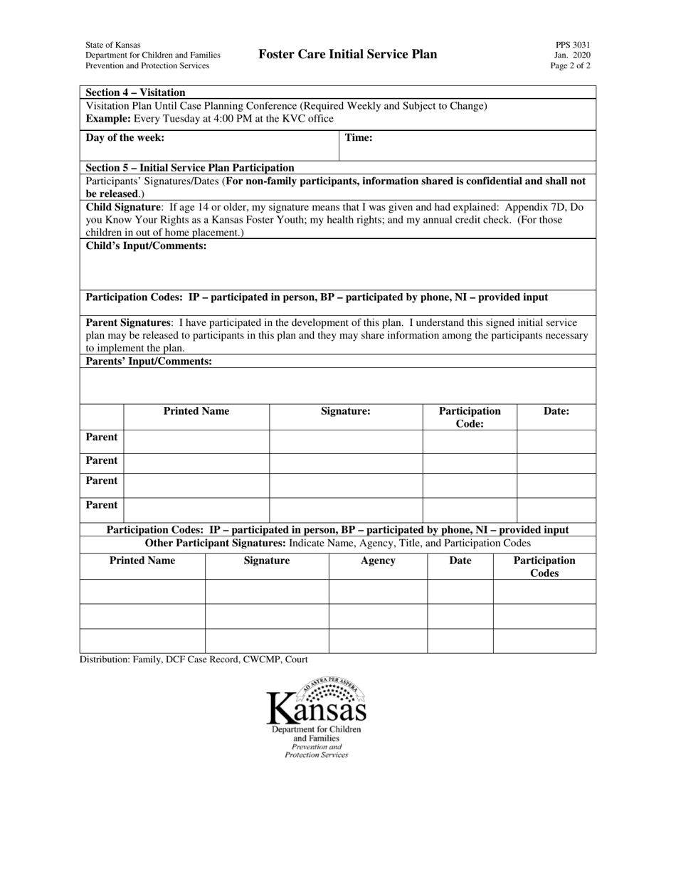 Form PPS3031 Foster Care Initial Service Plan - Kansas, Page 2