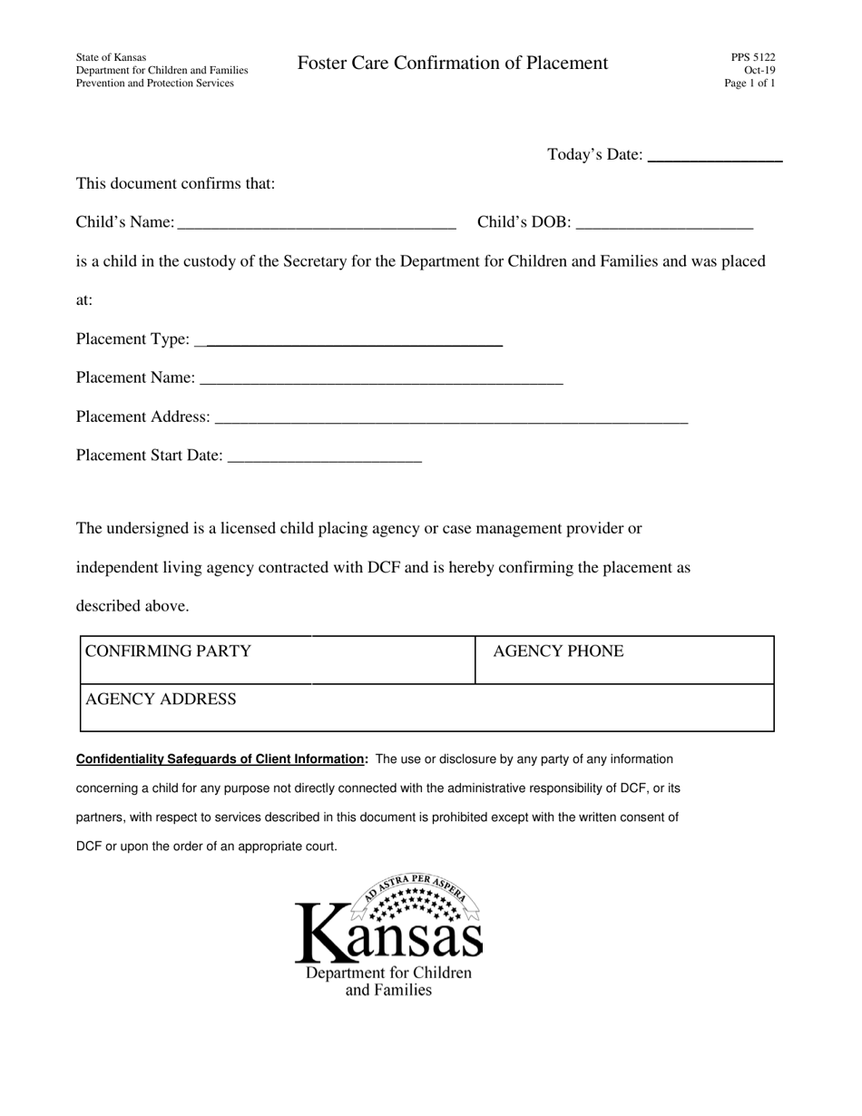 Form PPS5122 Foster Care Confirmation of Placement - Kansas, Page 1