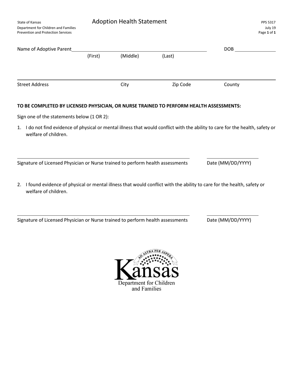 Form PPS5317 Adoption Health Statement - Kansas, Page 1