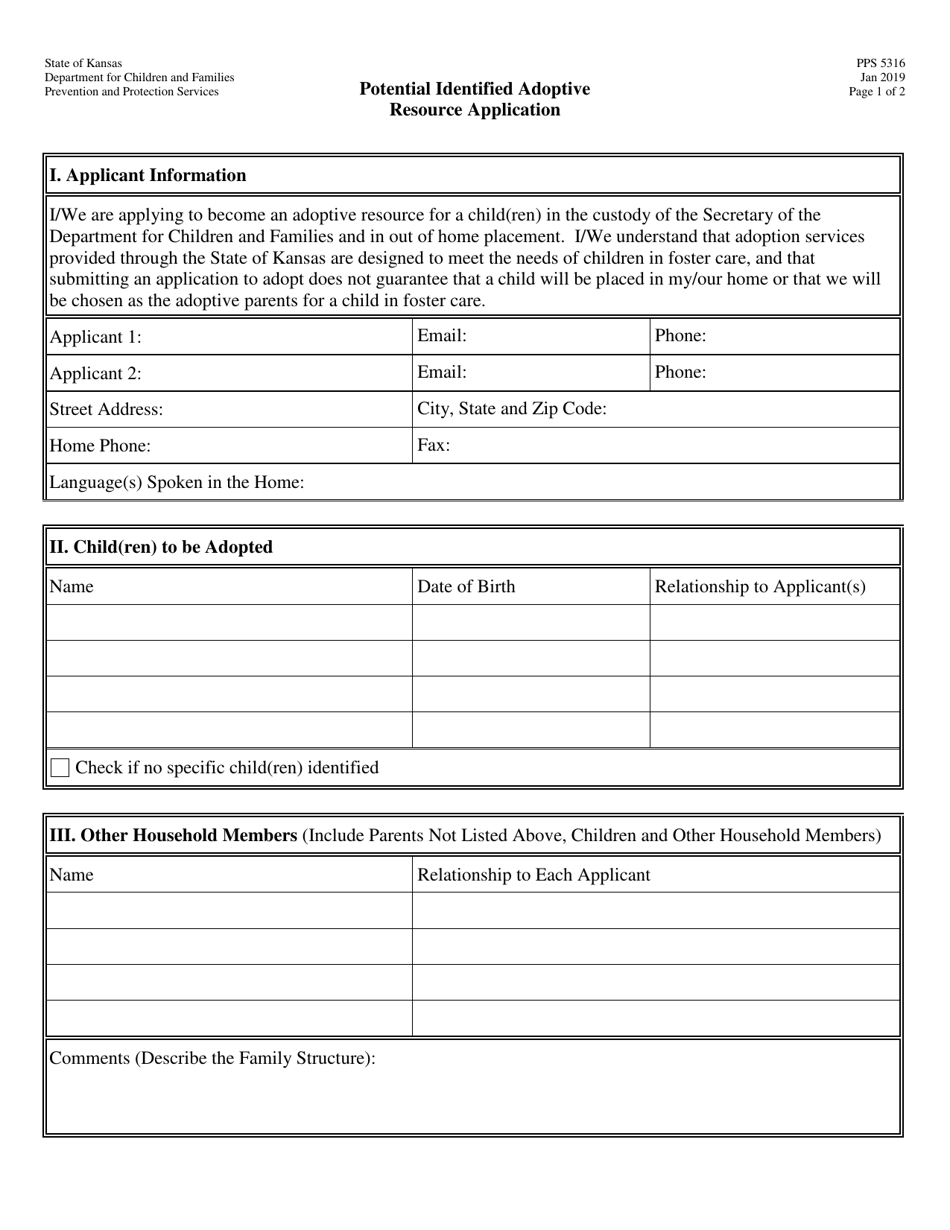 Form PPS5316 Potential Identified Adoptive Resource Application - Kansas, Page 1