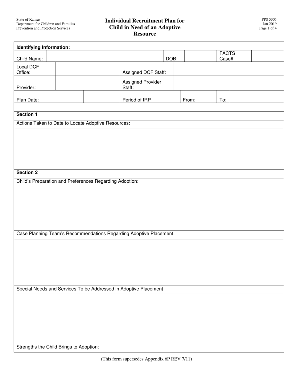 Form PPS5305 Individual Recruitment Plan for Child in Need of an Adoptive Resource - Kansas, Page 1