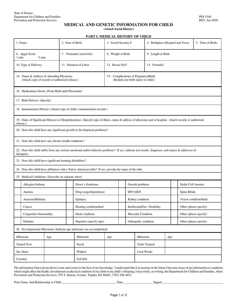 Form PPS5340 Medical and Genetic Information for Child - Kansas, Page 1