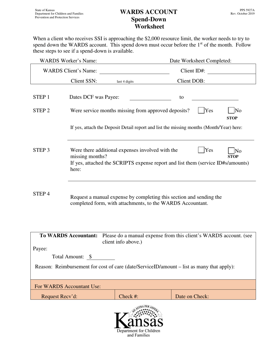 Form PPS5927A Wards Account Spend-Down Worksheet - Kansas, Page 1