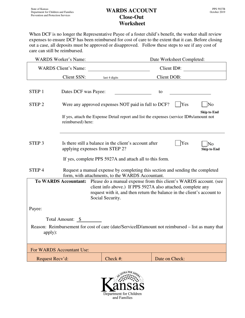 Form PPS5927B Wards Account Close-Out Worksheet - Kansas, Page 1