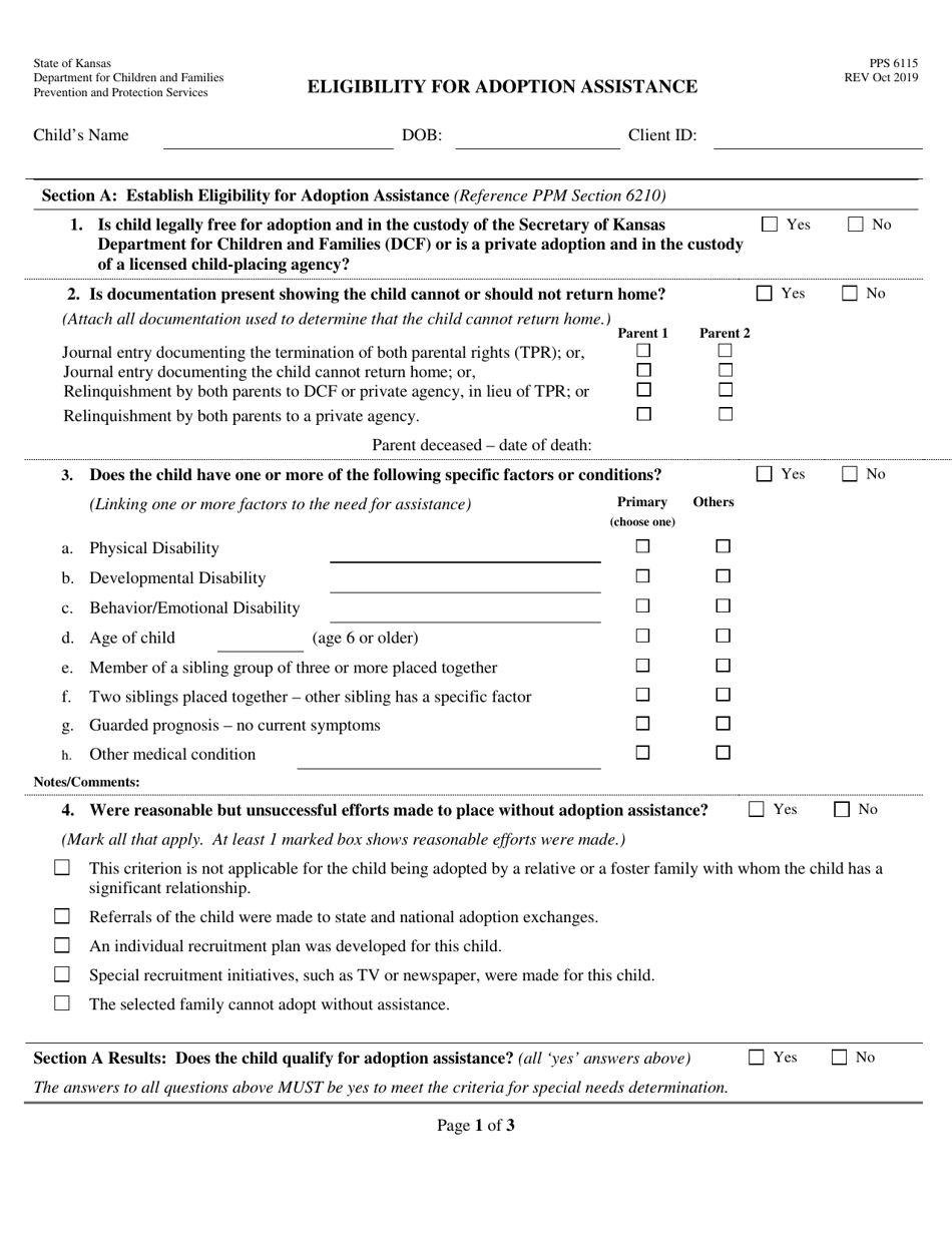 Form PPS6115 Eligibility for Adoption Assistance - Kansas, Page 1