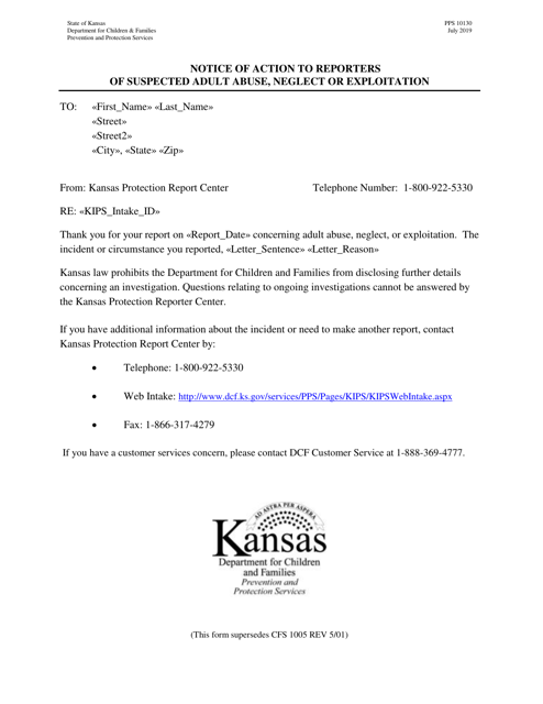 Form PPS10130 Notice of Action to Reporters of Suspected Adult Abuse, Neglect or Exploitation - Kansas