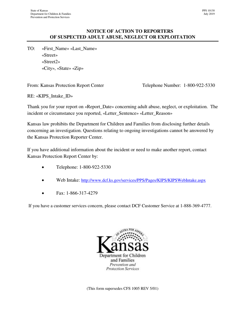 Form PPS10130 Notice of Action to Reporters of Suspected Adult Abuse, Neglect or Exploitation - Kansas, Page 1