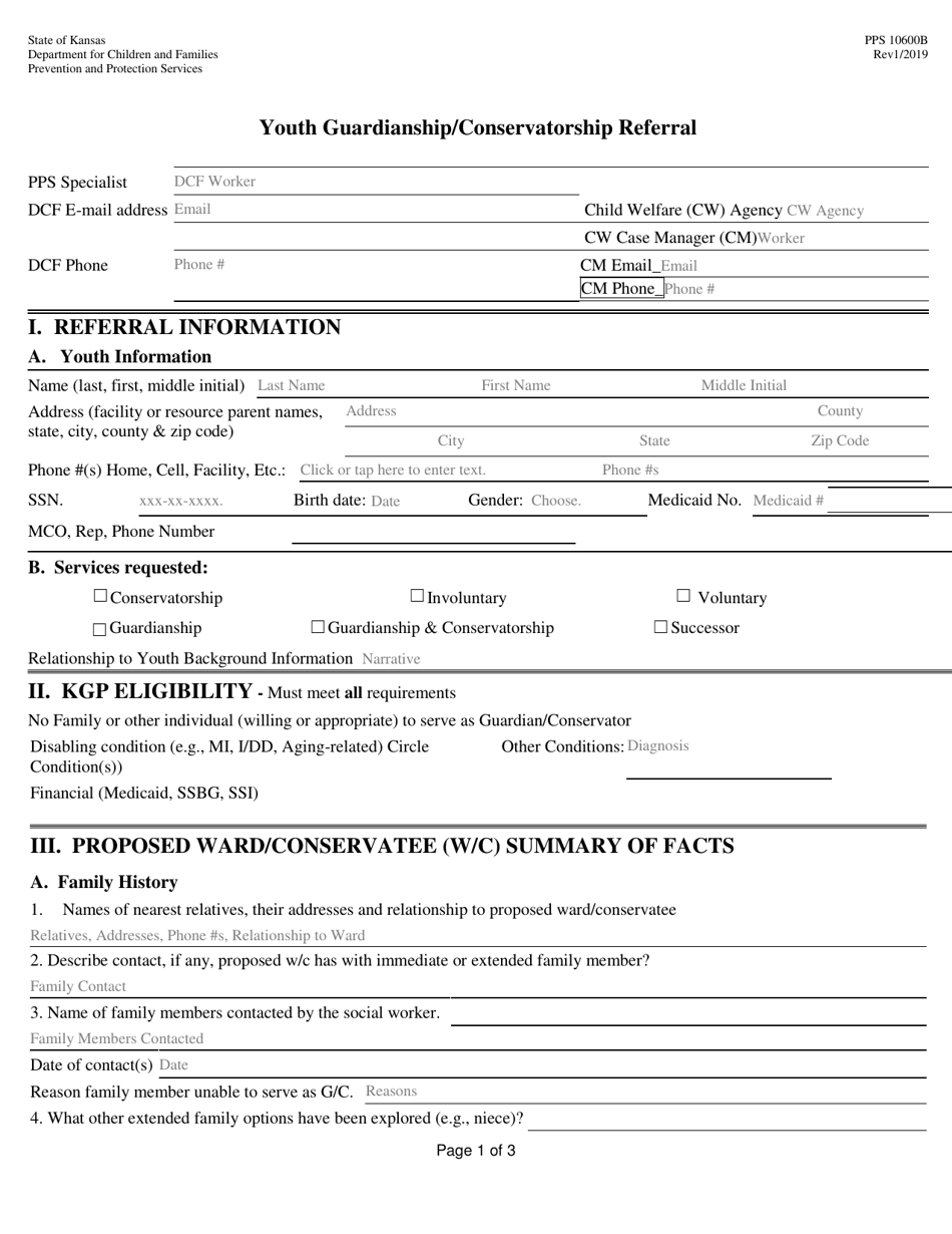 Form PPS10600B Youth Guardianship / Conservatorship Referral - Kansas, Page 1