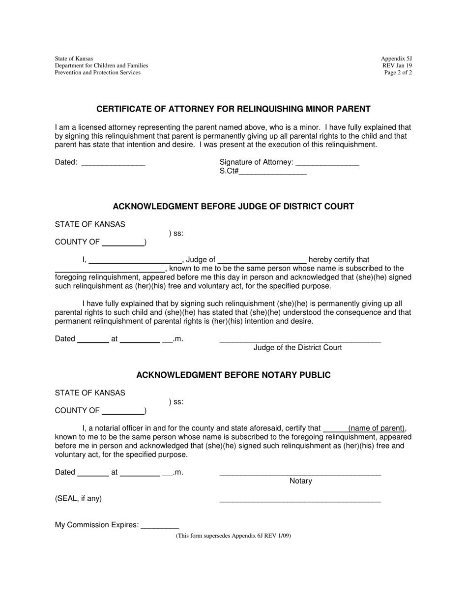 Appendix 5J Relinquishment of Minor Child to Agency - Kansas, Page 2