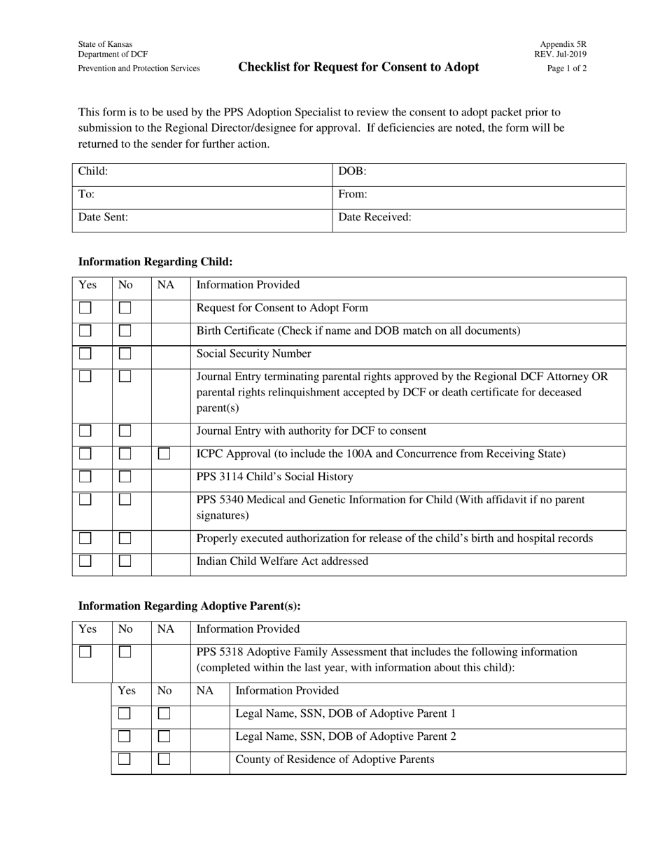 Appendix 5R Checklist for Request for Consent to Adopt - Kansas, Page 1