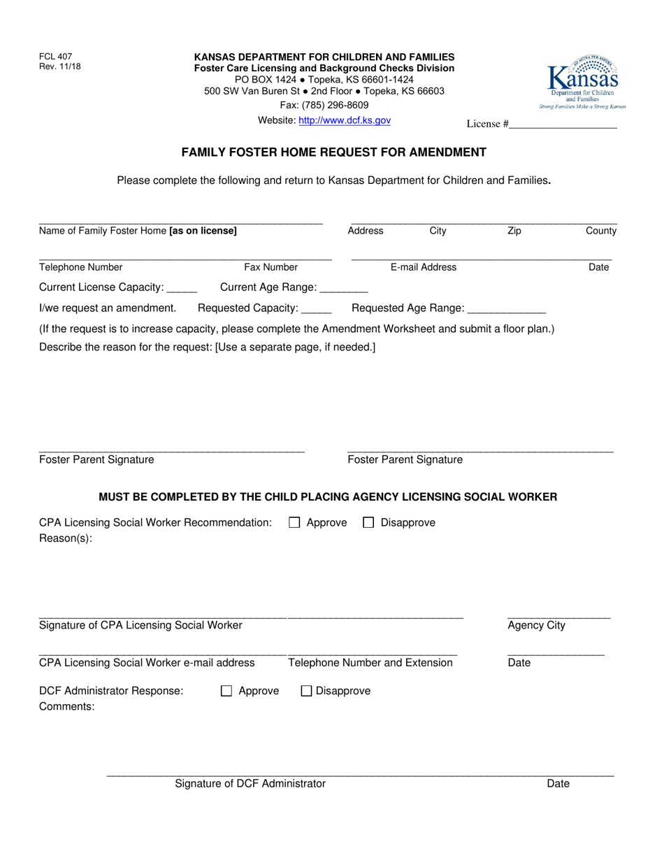 Form FCL407 Family Foster Home Request for Amendment - Kansas, Page 1