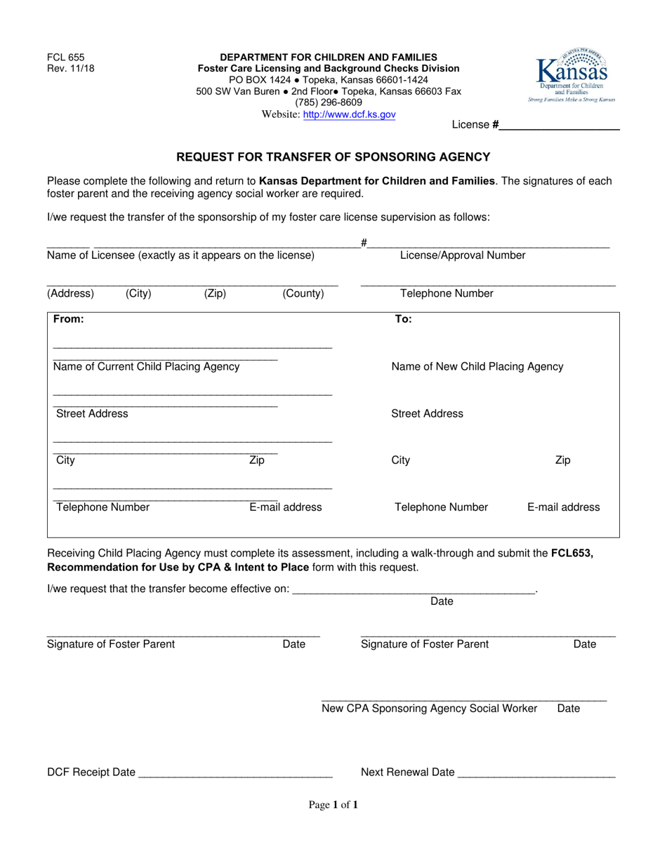 Form FCL655 Request for Transfer of Sponsoring Agency - Kansas, Page 1