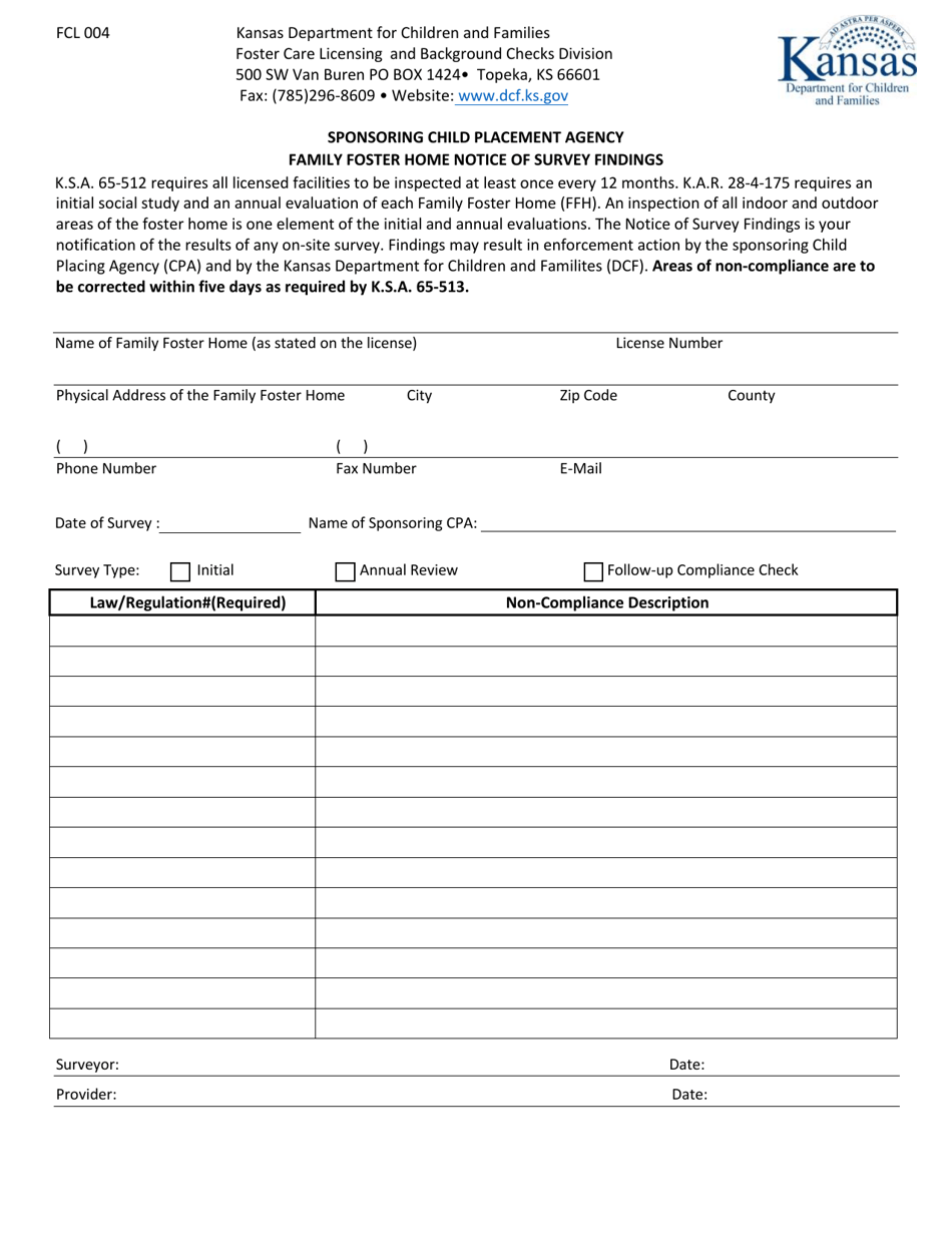 Form FCL004 Family Foster Home Notice of Survey Findings - Kansas, Page 1