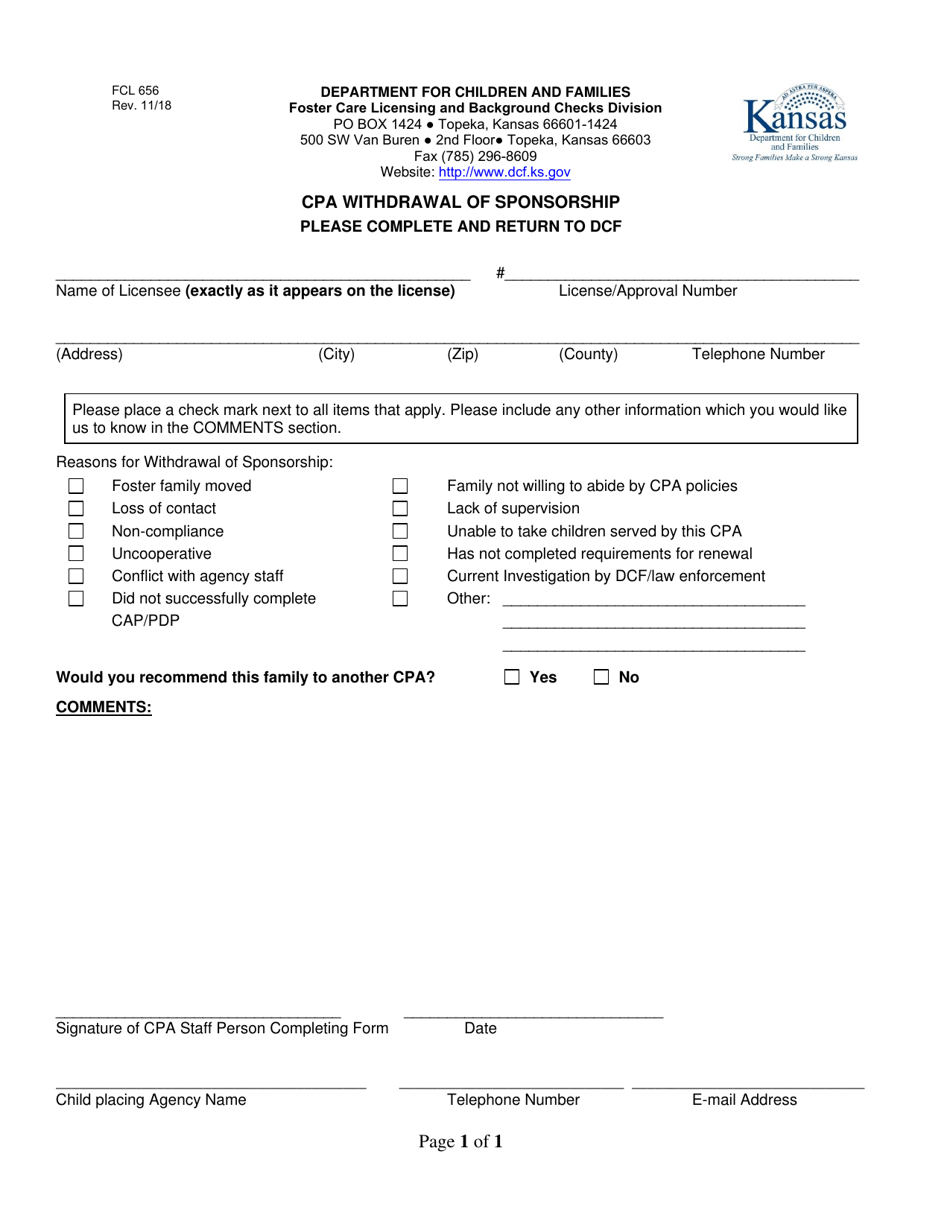 Form FCL656 CPA Withdrawal of Sponsorship - Kansas, Page 1
