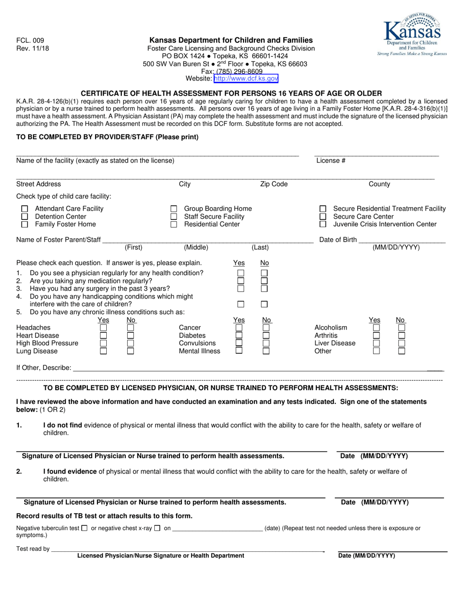 Form FCL009 Certificate of Health Assessment for Persons 16 Years of Age or Older - Kansas, Page 1