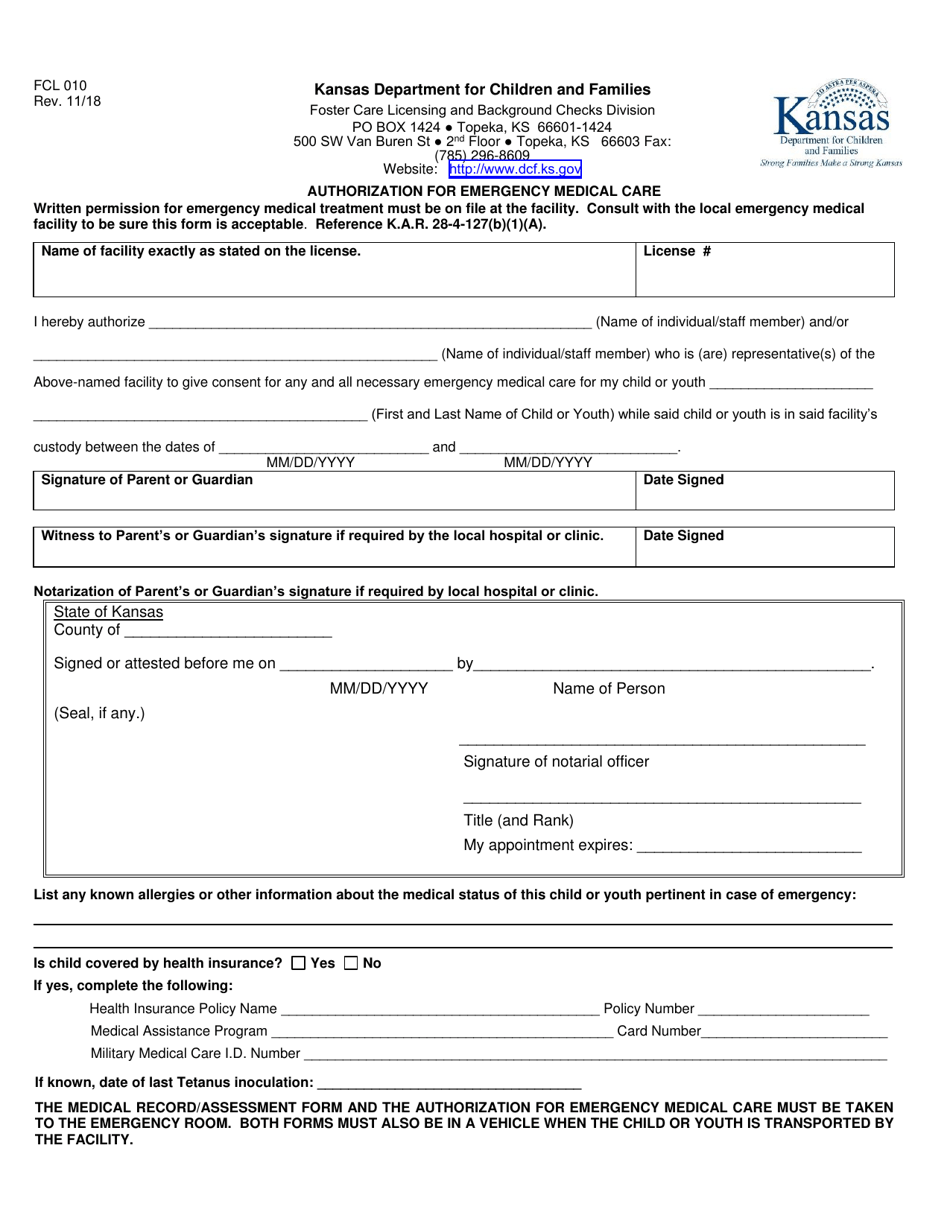 Form FCL010 Authorization for Emergency Medical Care - Kansas, Page 1