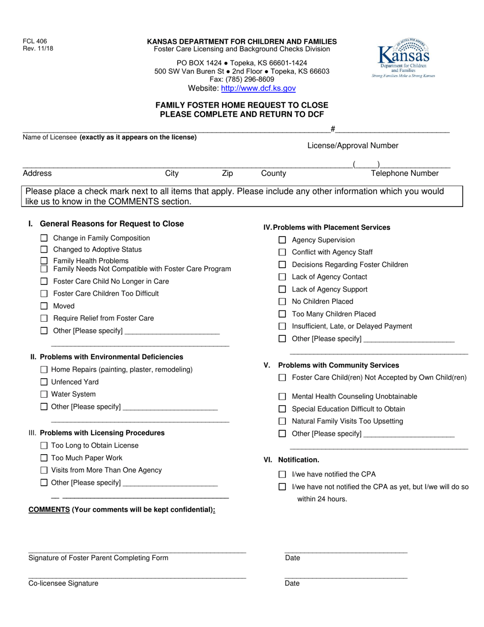 Form FCL406 Family Foster Home Request to Close - Kansas, Page 1