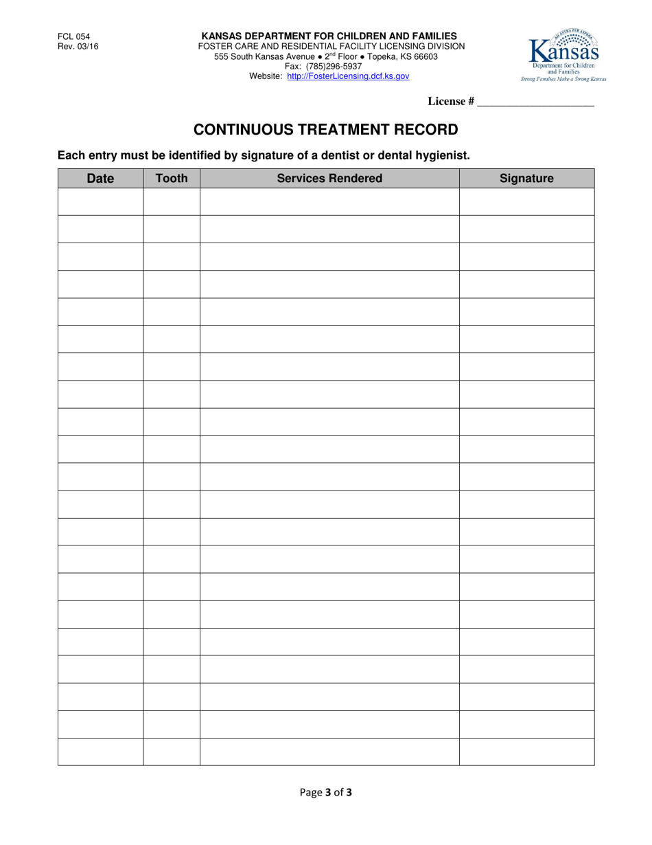Form FCL054 Continuous Dental Record for Children in Foster Care - Kansas, Page 3