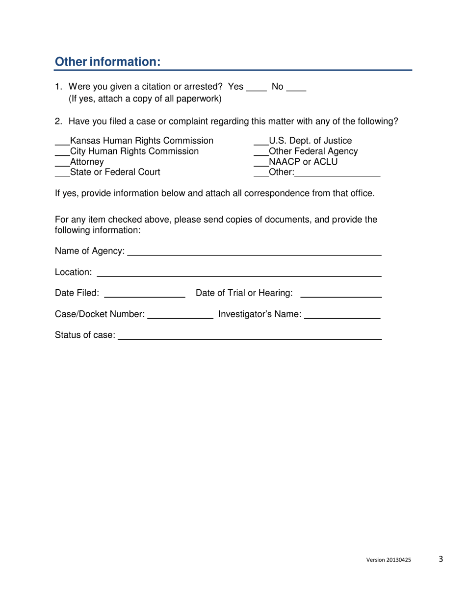 Racial or Other Biased-Based Policing Complaint Form - Kansas, Page 3
