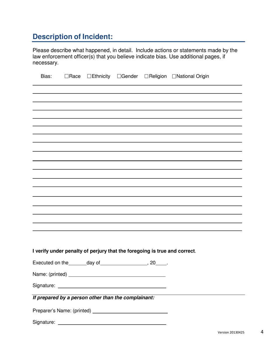 Racial or Other Biased-Based Policing Complaint Form - Kansas, Page 4