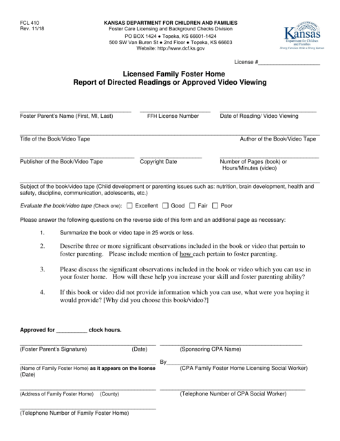 Form FCL410 Licensed Family Foster Home Report of Directed Readings or Approved Video Viewing - Kansas