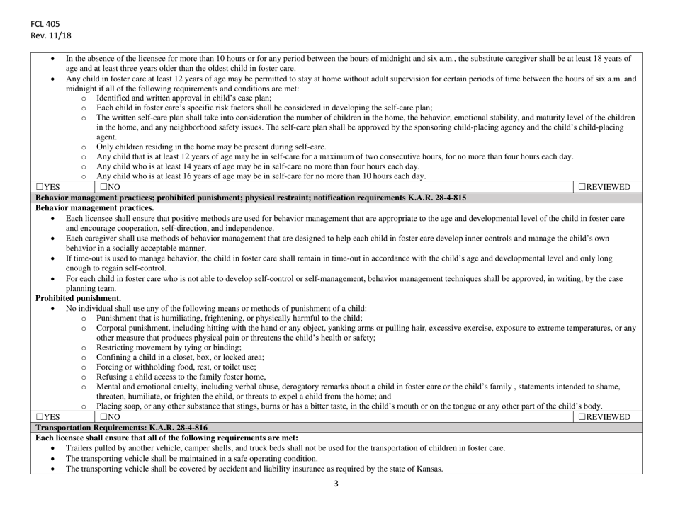 Form FCL405 Family Foster Home Self Evaluation - Kansas, Page 3