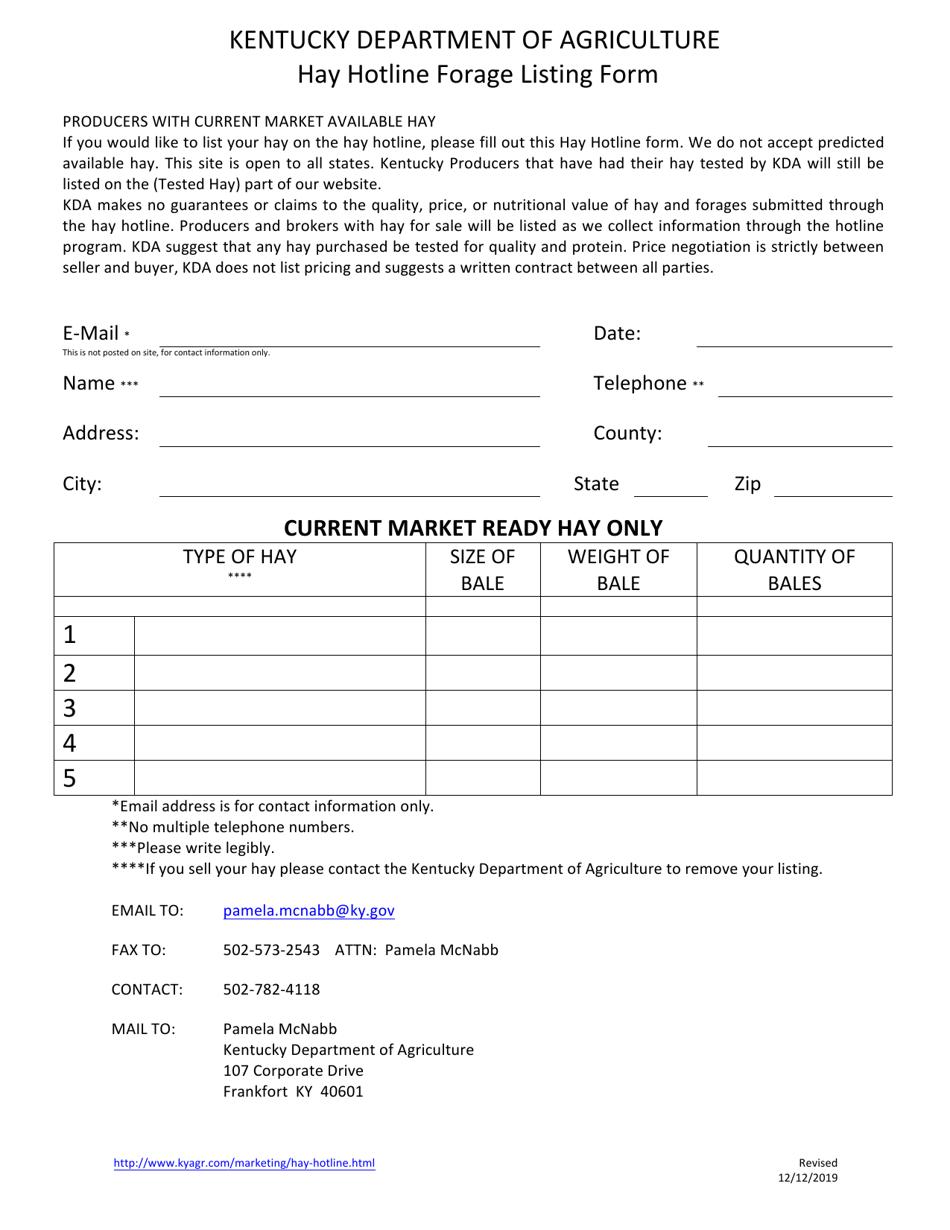 Hay Hotline Forage Listing Form - Kentucky, Page 1