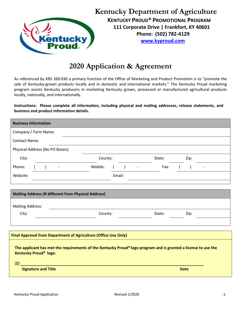 Kentucky Proud Promotional Program Application  Agreement - Kentucky, Page 1