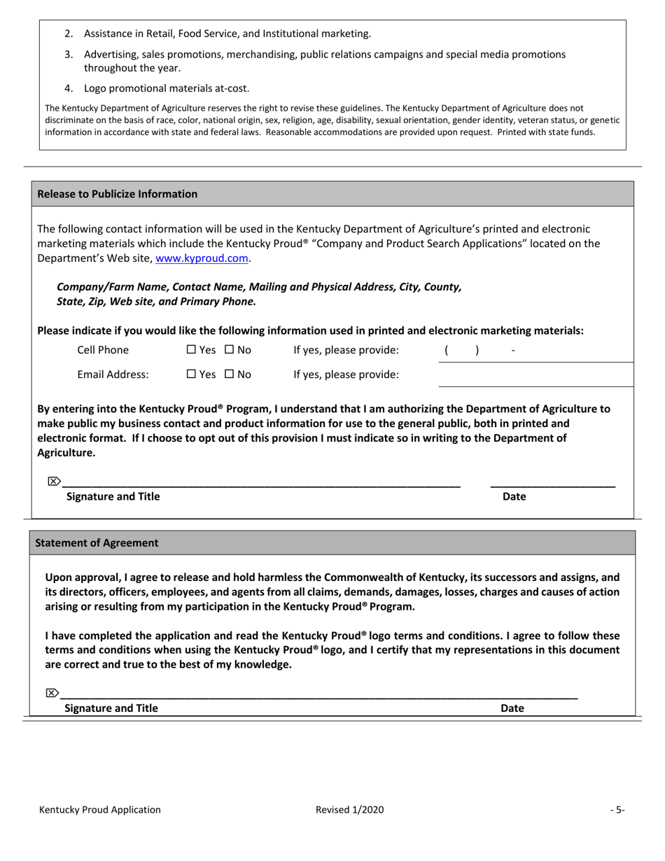Kentucky Proud Promotional Program Application  Agreement - Kentucky, Page 5