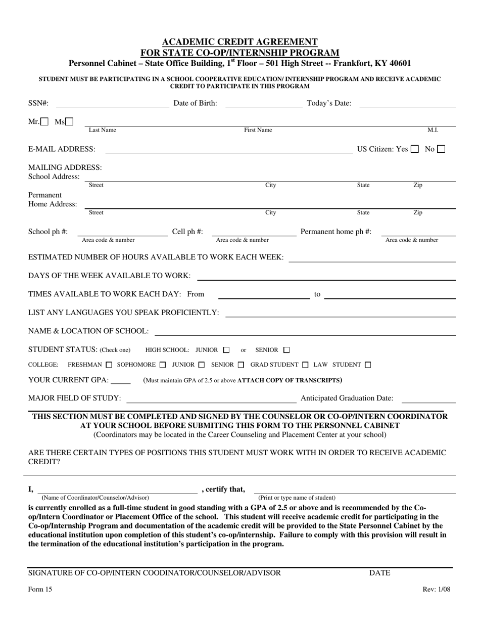 Form 15 Academic Credit Agreement for State Co-op/Internship Program - Kentucky, Page 1