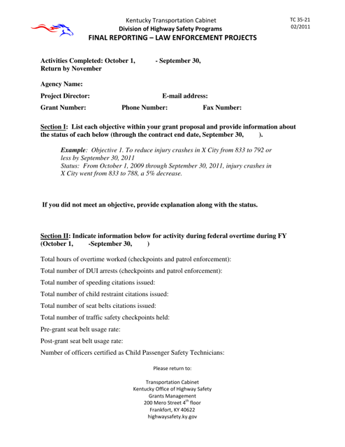 Form TC35-21 Final Reporting - Law Enforcement Projects - Kentucky
