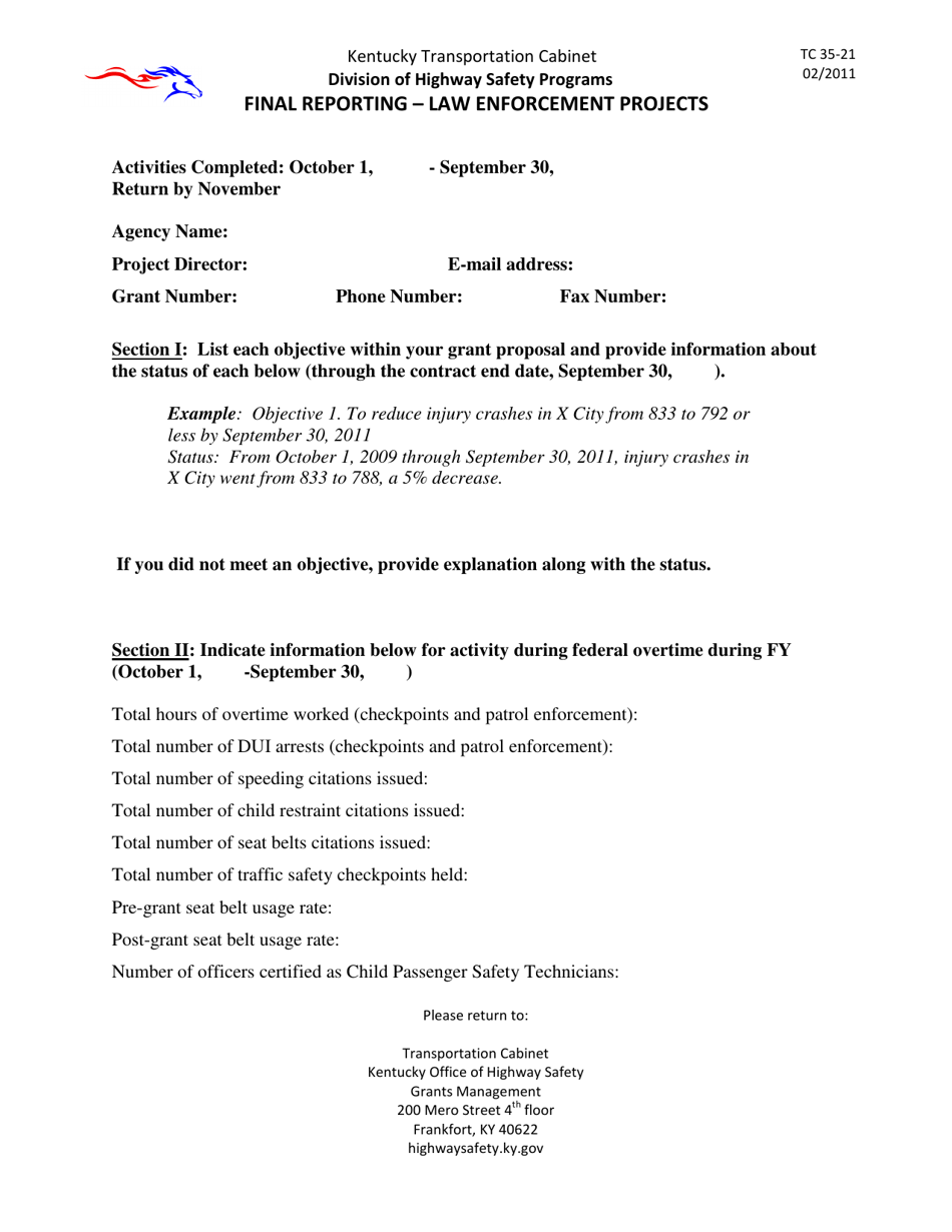 Form TC35-21 Final Reporting - Law Enforcement Projects - Kentucky, Page 1
