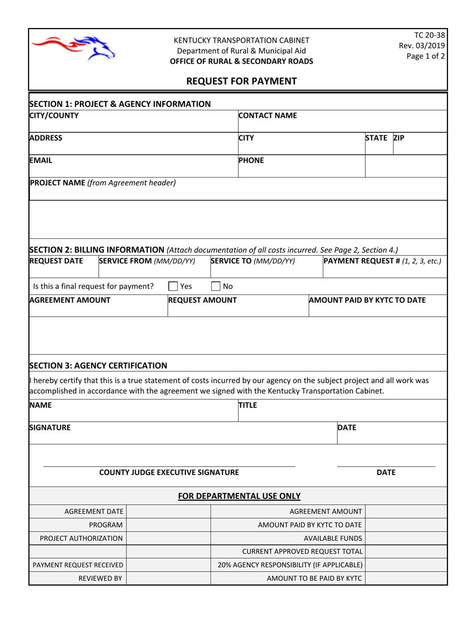 Form TC20-38 Office of Rural and Secondary Roads Request for Payment - Kentucky, Page 1