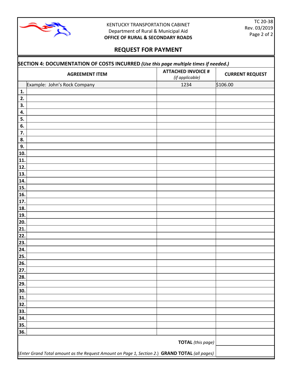 Form TC20-38 Office of Rural and Secondary Roads Request for Payment - Kentucky, Page 2