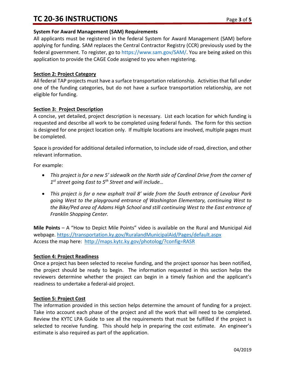 Instructions for Form TC20-36 Transportation Alternatives Program (Tap) Application - Kentucky, Page 3