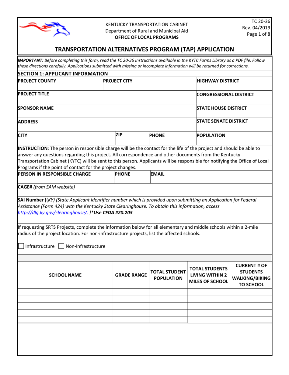 Form TC20-36 Transportation Alternatives Program (Tap) Application - Kentucky, Page 1