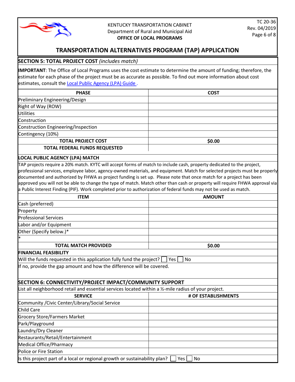 Form TC20-36 Transportation Alternatives Program (Tap) Application - Kentucky, Page 6