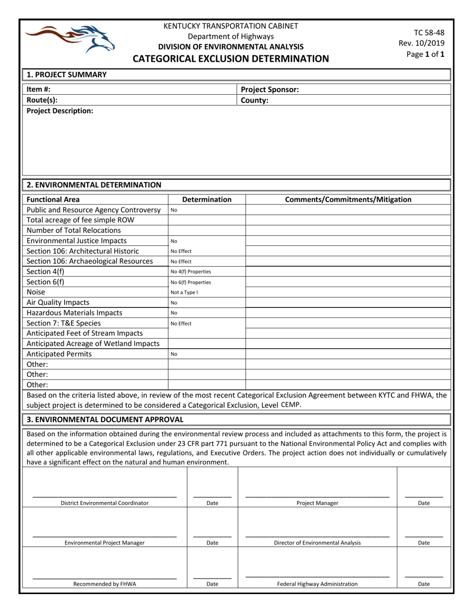 Form TC58-48 Categorical Exclusion Determination - Kentucky, Page 1