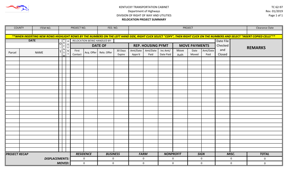 Form TC62-97 Relocation Project Summary - Kentucky, Page 1