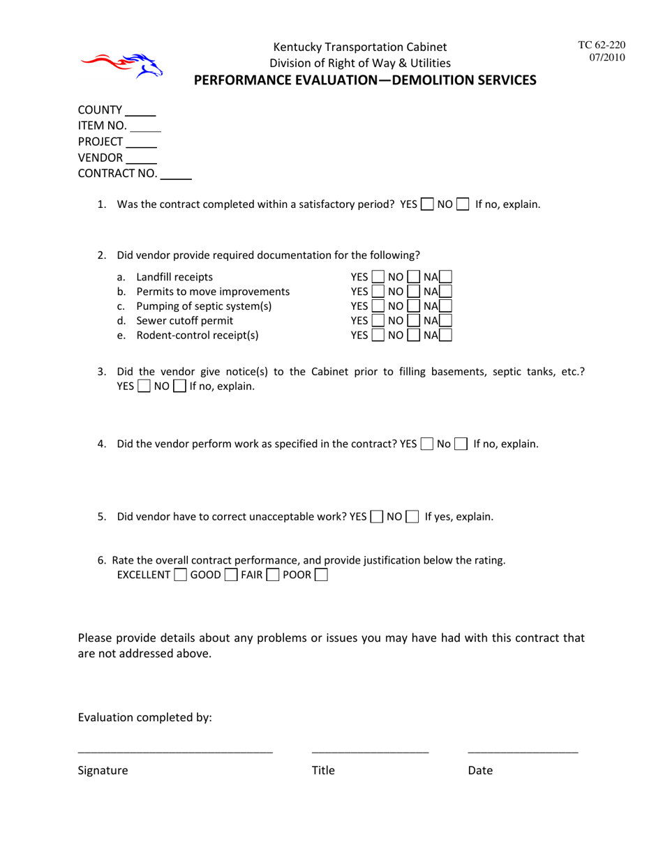 Form TC62-220 Performance Evaluation - Demolition Services - Kentucky, Page 1