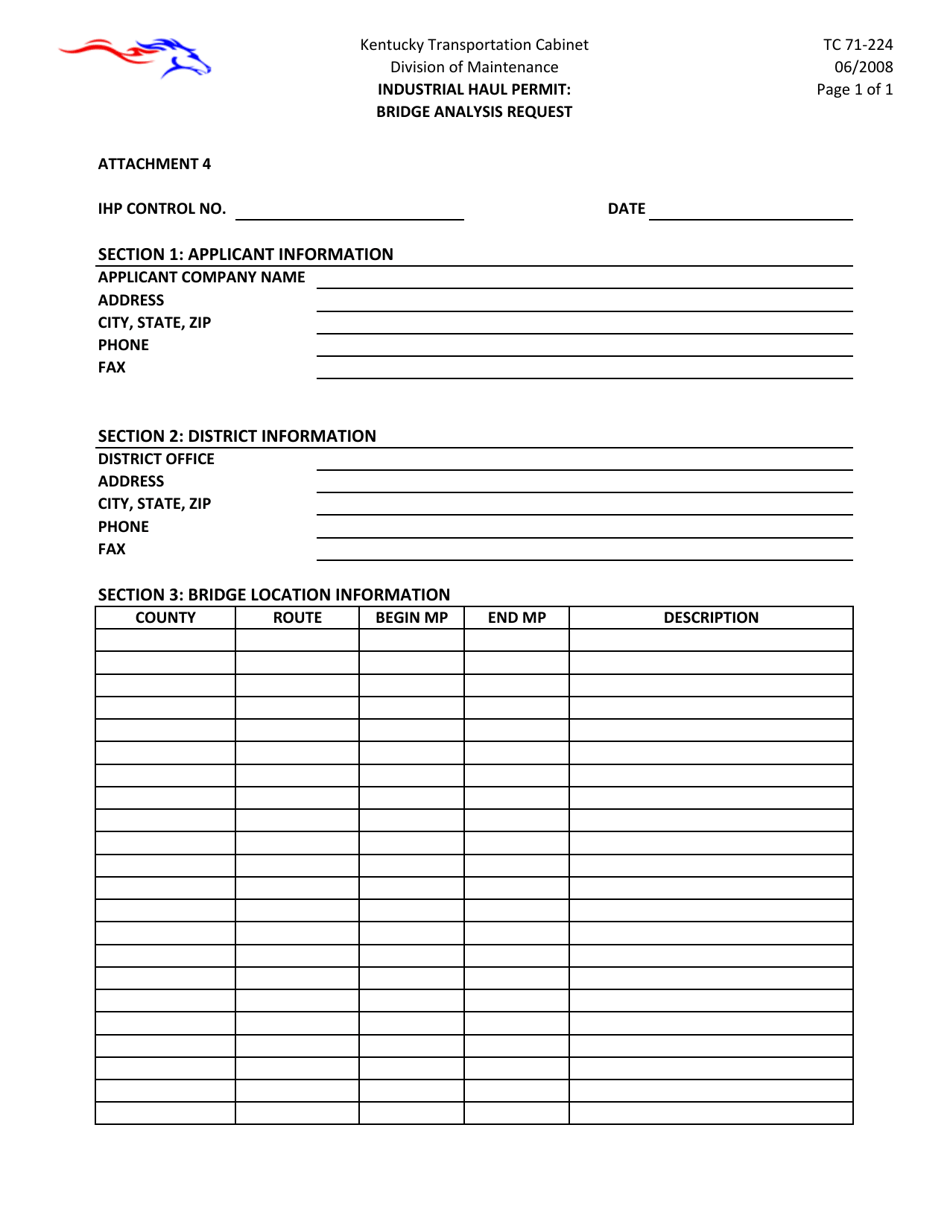 Form TC71-224 Attachment 4 Industrial Haul Permit: Bridge Analysis Request - Kentucky, Page 1