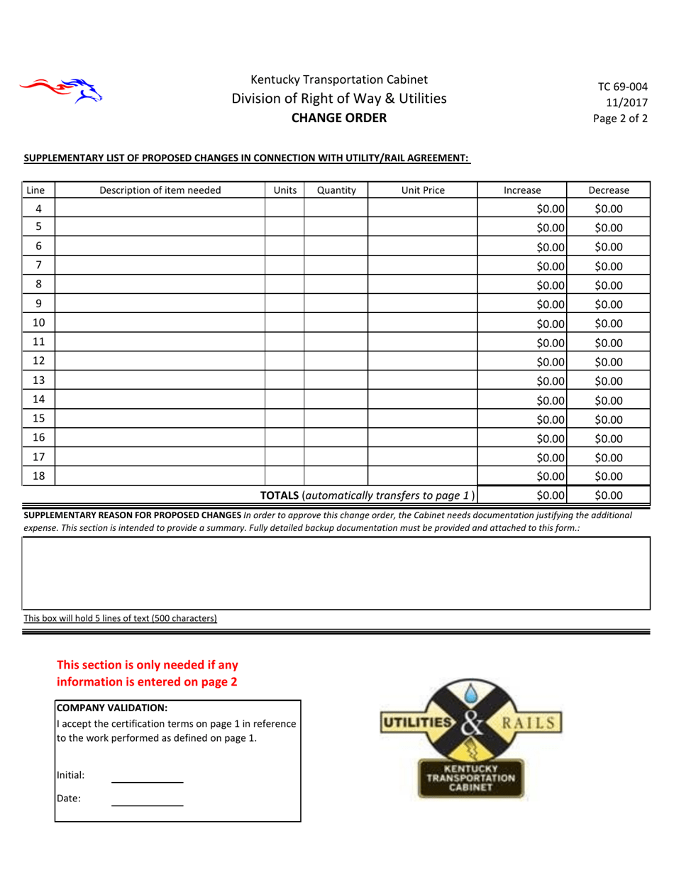 Form TC69-004 Utility / Rail Agreement Change Order - Kentucky, Page 2