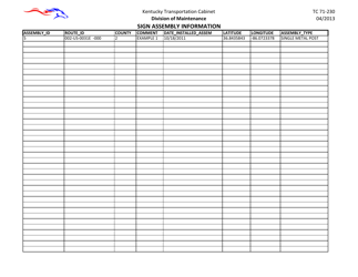 Document preview: Form TC71-230 Sign Assembly Information - Kentucky